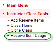"Ares sub-menu containing reserve item usage link available to instructors