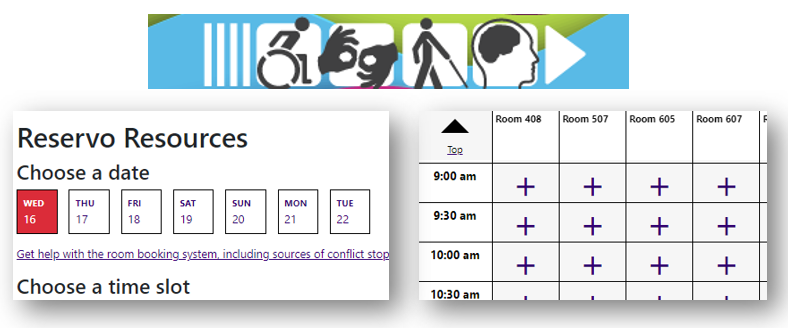 Screenshots of icons of disabled individuals and the library's online reservation tool 