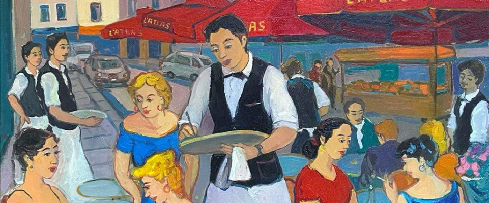 An oil painting showing a group of people sitting in a café under a red umbrella.