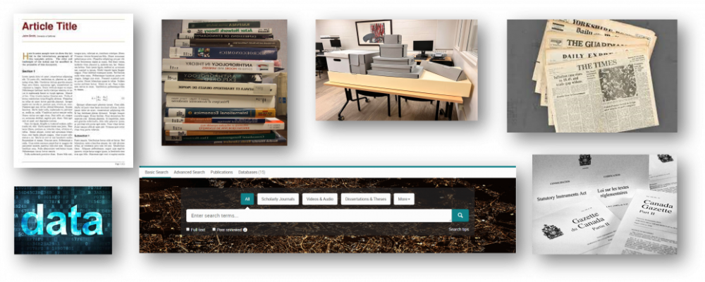 A variety of resources for doing research, such as journal articles, specialized academic databases, data, archival material, newspapers, and government documents.