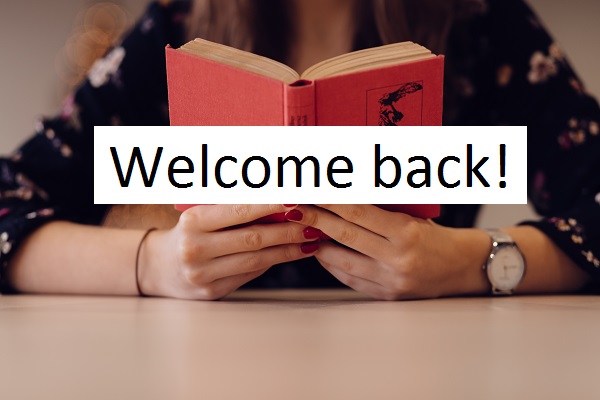 Person with an open book. Words, Welcome back