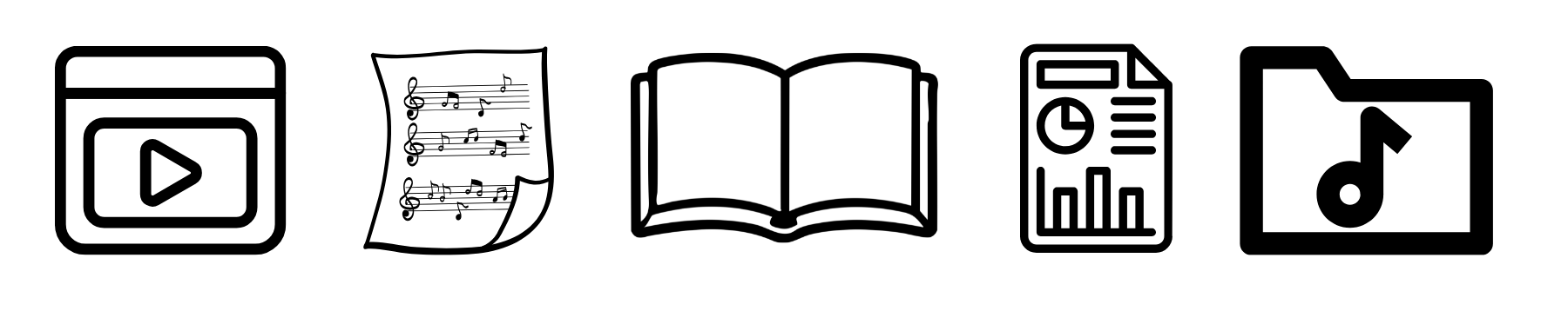 A series of black and white icons representing a video, a musical score, a book, a report, and an audio file.