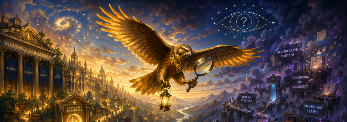 A stylistic AI generated image of a golden hawk with lantern in a talon. On one side is a path to wonder and on another is a path to falsehoods.