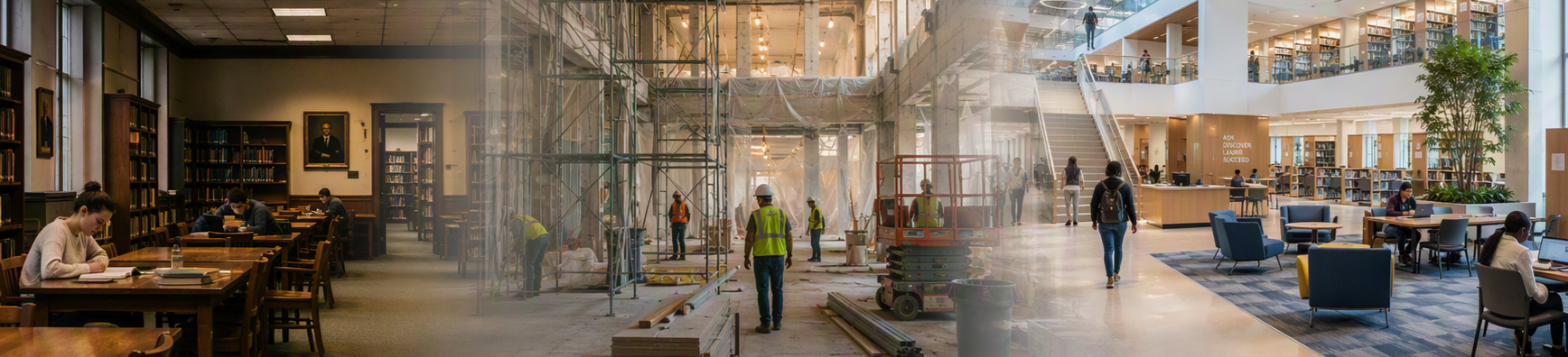 Depiction of interior of a library going through renovations to become something new