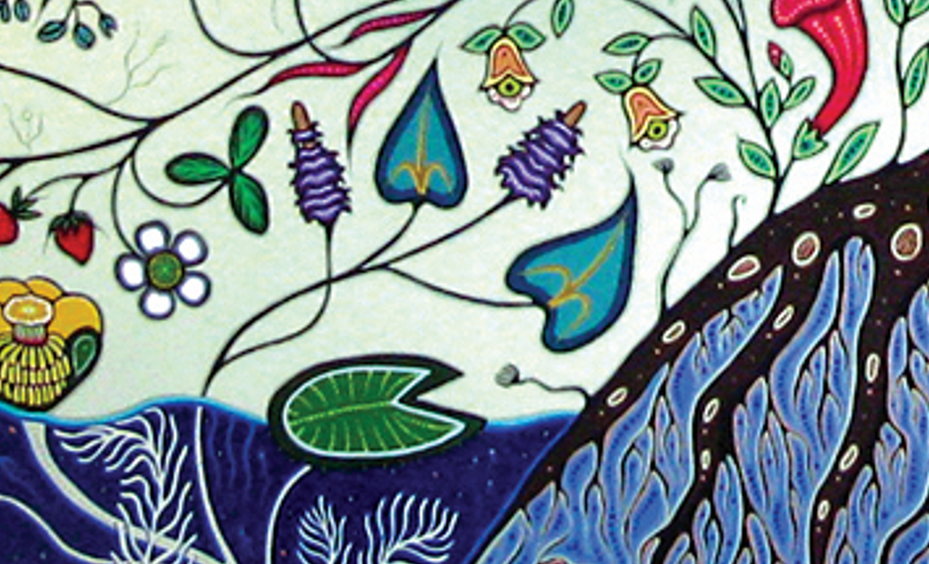 A detail from Honouring My Spirit Helpers. Water and land meet. Roots from a tree extend into the water. A round lily pad with pointed tips on one end floats on the water surface. Flowers, stems, and strawberries bend and overlap above the water