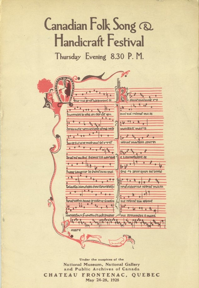 Canadian Folk Song and Handicraft Festival, May 24-28, 1928 program. Sheet music in red ink.