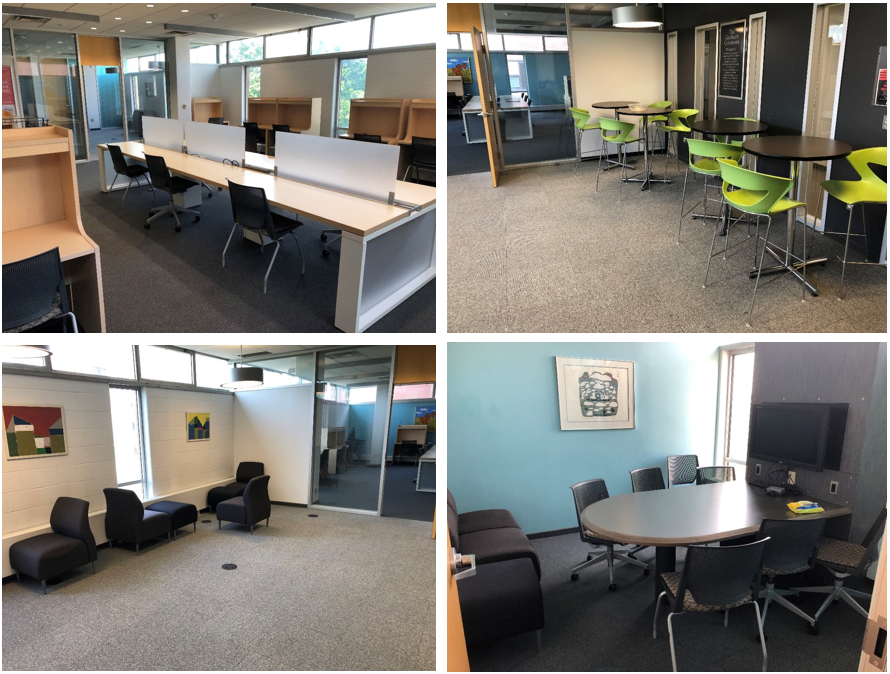 Four photos of the grad commons. One area has shared long desks in the interior with carrels on the exterior. A second image has low, movable chairs in the second room. A third image is in the same room showing tall bar chairs and tables along the side of a wall. A fourth image has a cramped group study room with table and several chairs.