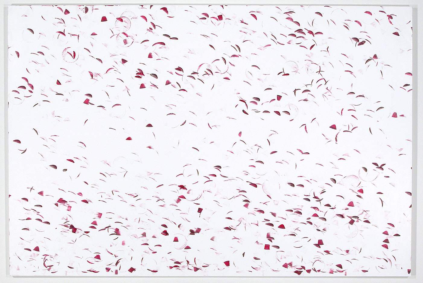 On a rectangular white panel are purple marks resembling feathers floating in the air. The marks, however, are evidence of the artist performing slapshots. With painted covered hockey pucks, the artist (who is also a hockey player) repeatedly performed their slapshot on a white painted panel creating a commentary on abstract expressionism. From a distance, the marks resemble a murmuration of birds flying in the sky