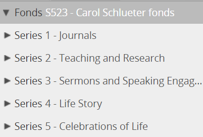 Table illustrating the series within the Carol Schlueter fonds: series 1 - journals; series 2 - teaching and research; series 3 - sermons and speaking engagements; series 4 - life story; series 5 - celebrations of life