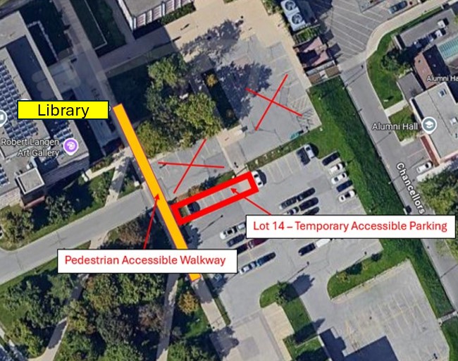 Overhead of map showing accessible pedestrian walkway from Martin Luther University to Library, and Lot 14 temporary accessible parking