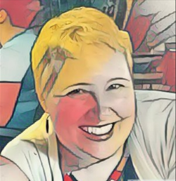Cubism-style image of a woman with short hair smiling into the camera