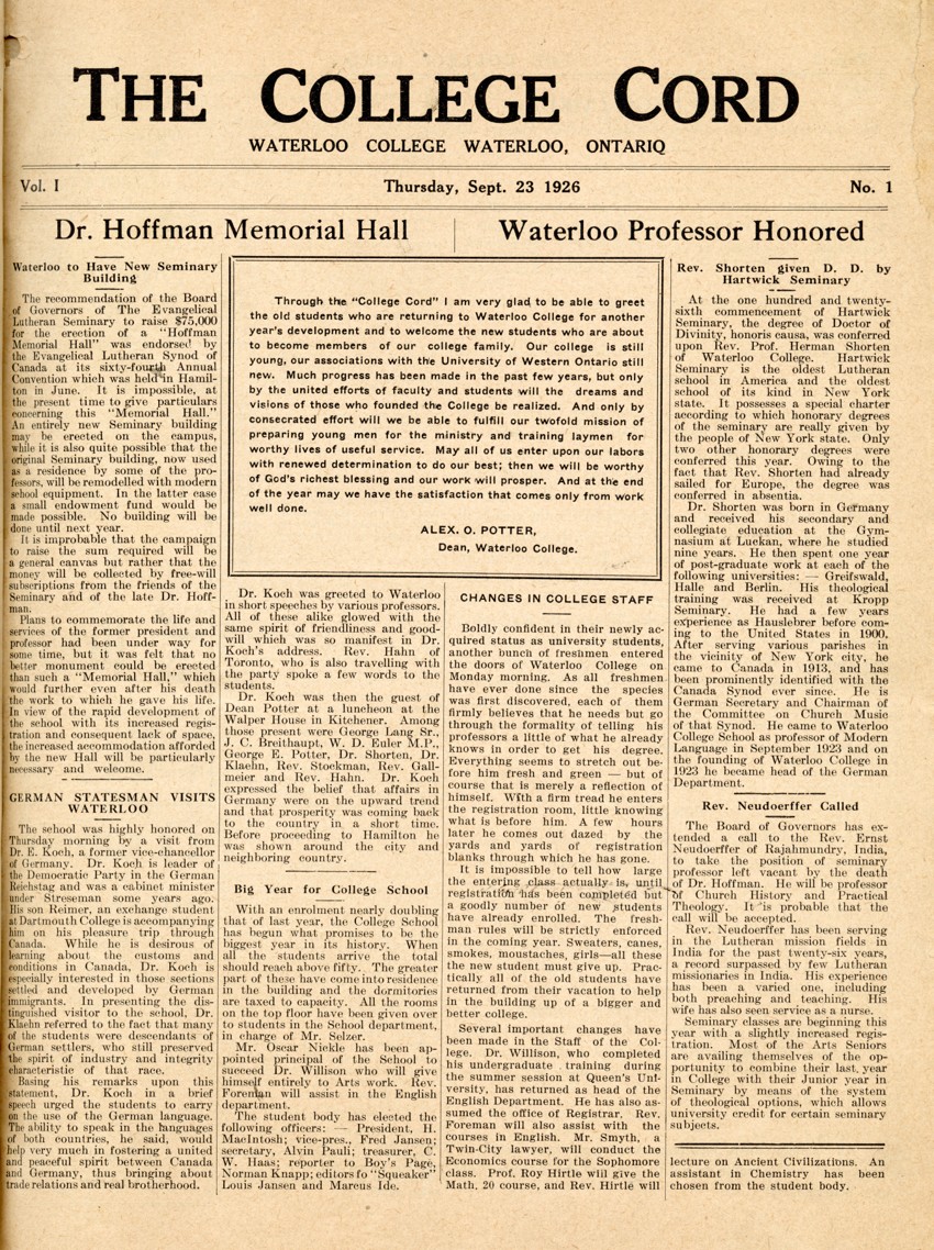 Front page of the first issue of The College Cord published on Thursday, September 23, 1926