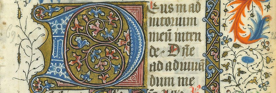 Medieval manuscript with illuminated letter D. The content of the manuscript is the eleventh hour prayer from a book of hours in Latin.