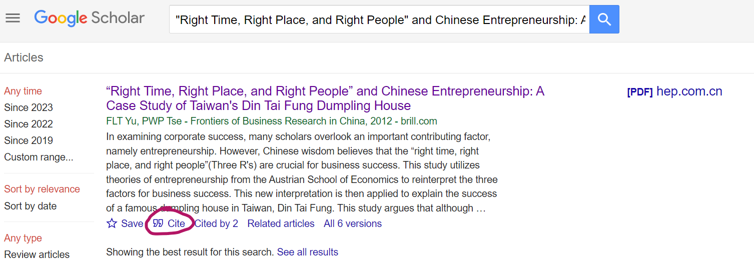 Screenshot image of an item in Google Scholar with the "Cite" icon circled.