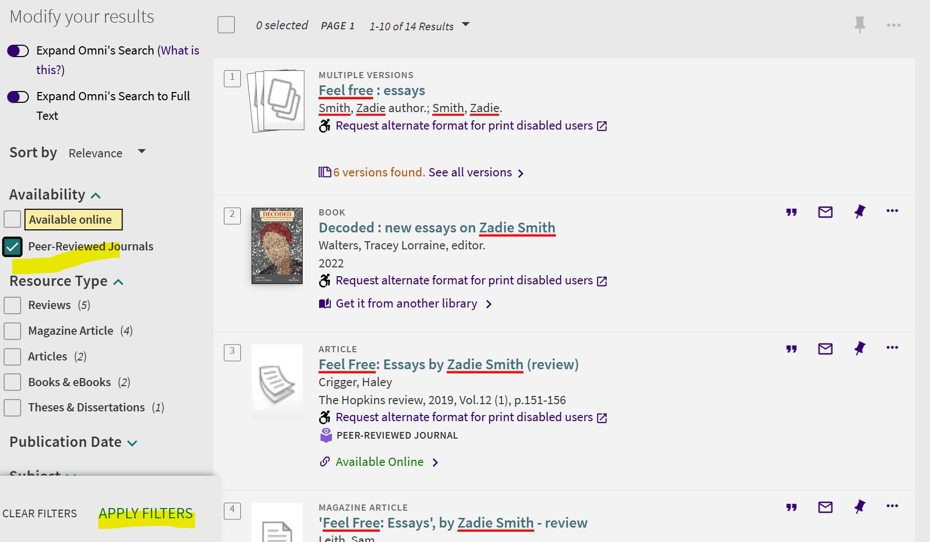 Peer-reviewed Journals filter; details follow in cation.