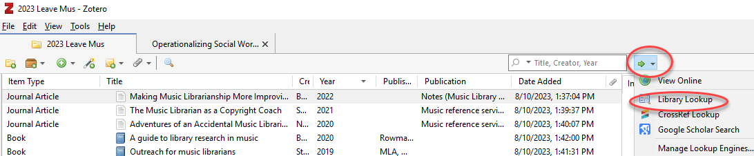 Zotero Library Lookup feature