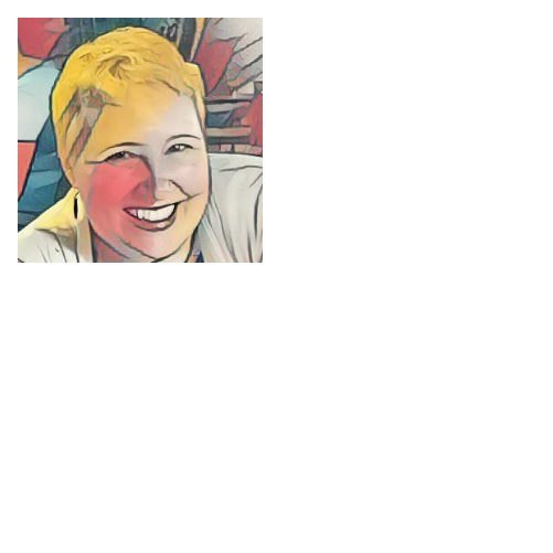A blonde smiling librarian. The image is rendered in a Cubist style.
