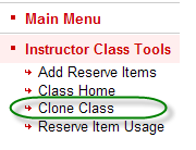 Ares sub-menu containing the clone class link available to instructors