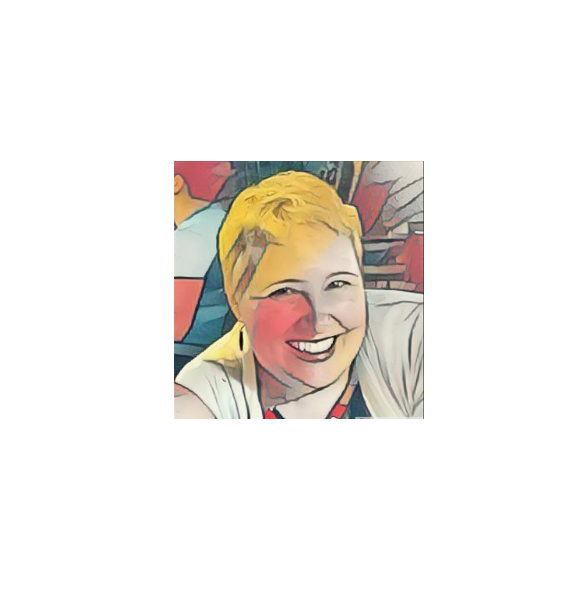 A blonde librarian with a cheeky grin. The image has been altered with Ai to make the photo appear in the Cubist style.