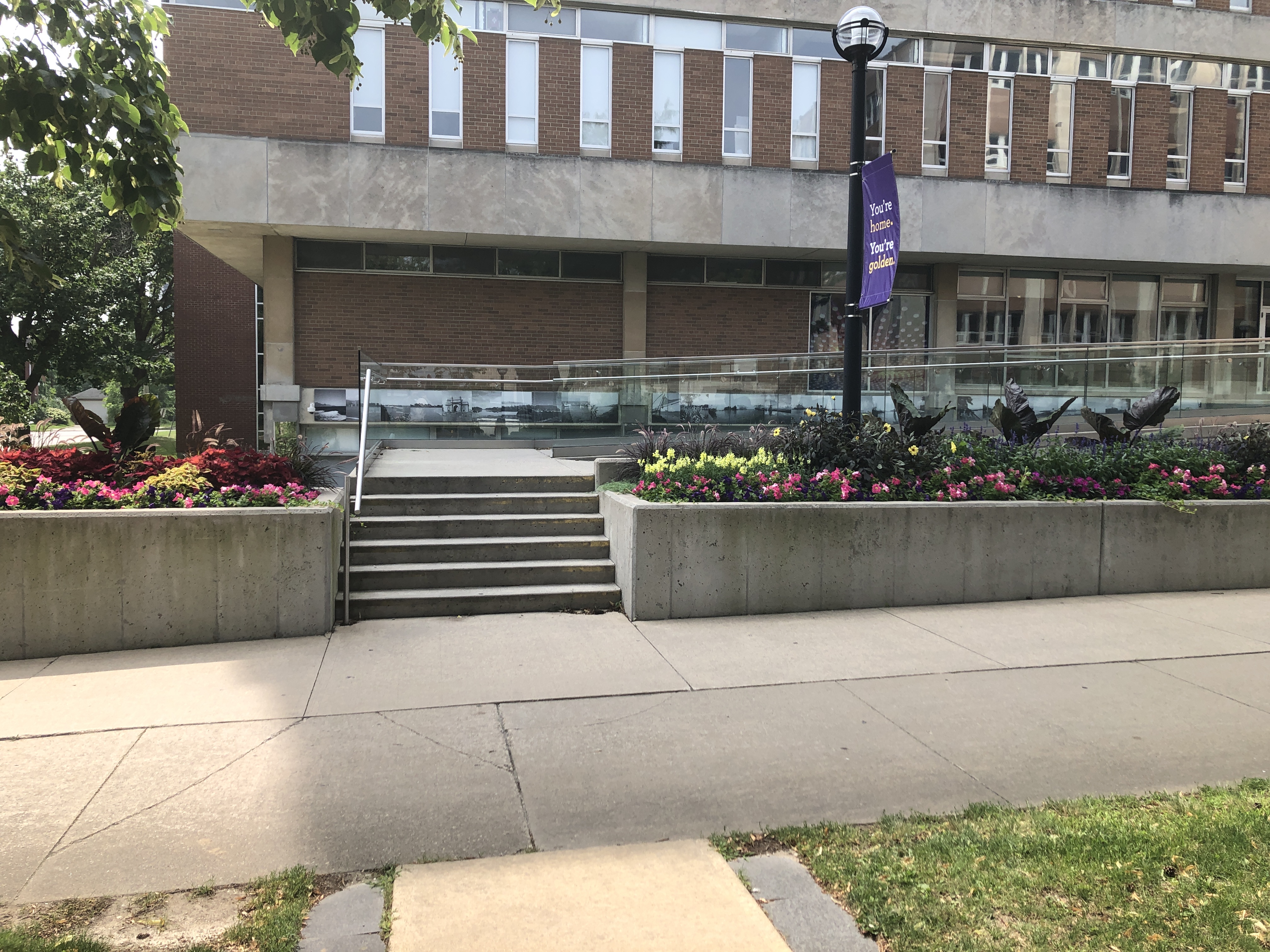 Front entrance to library, stairs and ramp. Flowers in summer