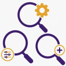 Flat vector illustration matching existing Laurier Library tutorial icons, purple and gold palette, magnifying glass focusing on organized search results, pathways converging toward a target, concept of precision and discovery, clean academic vector style, white background, no text.
