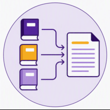Flat vector illustration matching existing Laurier Library tutorial icons, purple and gold palette. Multiple books and showing lines to reflect they are being integrated into an essay.