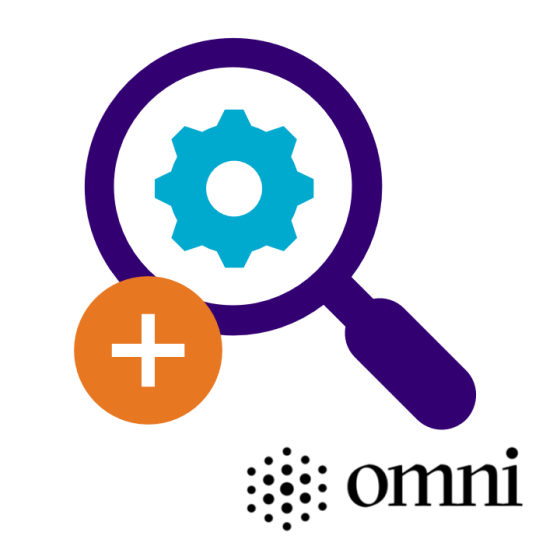 A magnifying glass looking at a gear, surmounted with a plus symbol. OMNI