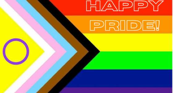 Progressive Intersex Pride Flag with the words Happy Pride superimposed in the upper right-hand corner