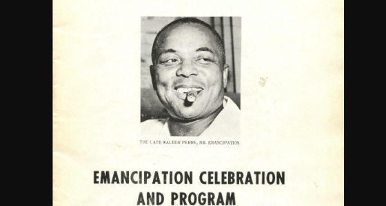 Black and white covd of booklet, Progress. Followed by an image of Walter Perry, big smile, dimple in cheek, and cigar in mouth, dark toned skin. Under the image is text: The late Walter Perry, Mr. Emancipation. Emancipation Celebration and Program. Jackson Park. July 31st to August 1, 2, 3, 1969. The oldest international coloured publication in the world – Emancipation – Windsor, Ontario.