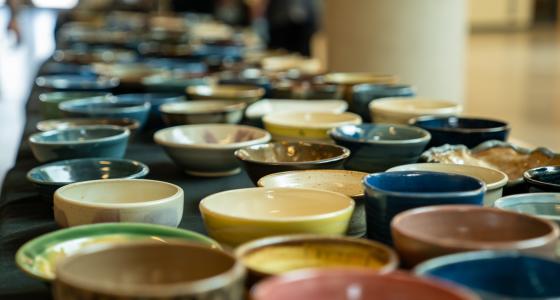 A long table with handmade ceramic bowls. Each are glazed and smooth, with circular lips. Each bowl could easily be held in the palms of two hands.