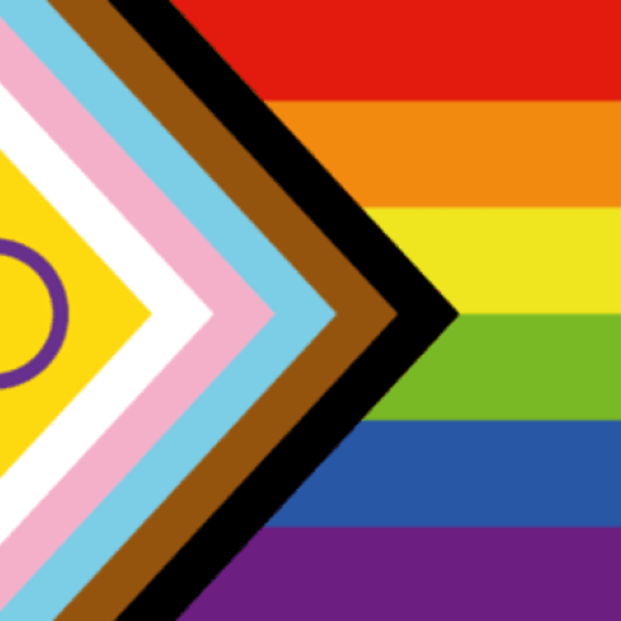 Intersex progress flag. Bands of six pride colors stacked. Black and brown arrow shaped bands represent marginalized LGBTQ+ communities of color, along with the colors pink, light blue and white arrow bands, which represent transgender pride . A purple circle on yellow background is the intersex symbol and represent genderless colors.