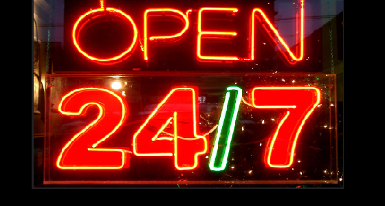 Neon sign, open 24 7