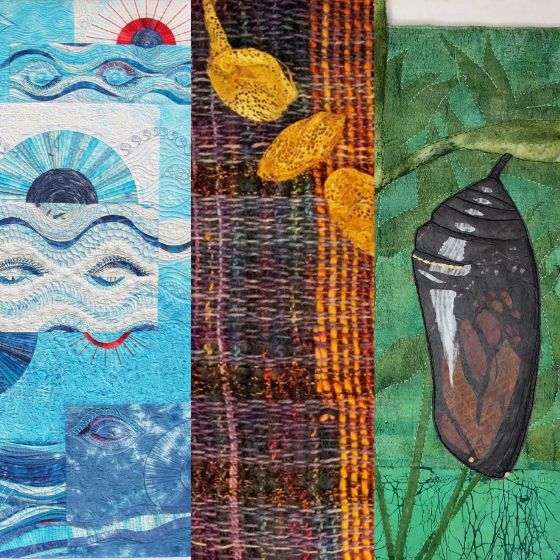 Three textile artworks: the left shows blue abstract waves and eyes, the center has woven yellow shapes on a textured background, right depicts a brown chrysalis on green leaves.