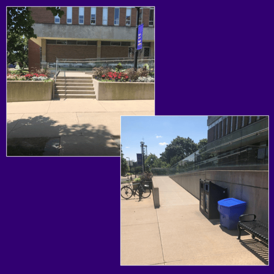 Two routes into the library.  A ramp goes from ground level to a mid-point which turns back to ascend along a second part of the ramp. The second route starts at stairs, with handrail on the left going up. The stairs intersect with the first ramp at the mid-point.