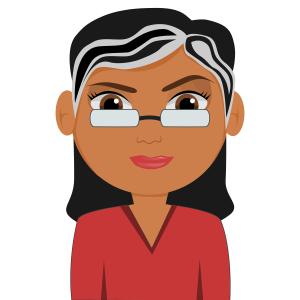 Cartoon image woman with grey hair and glasses