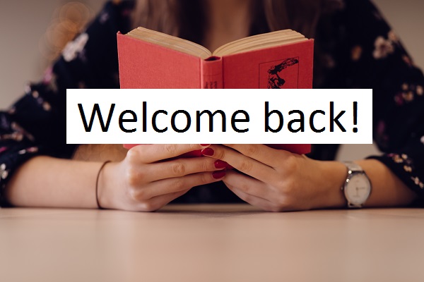 Image of person with an open book. Words, Welcome back